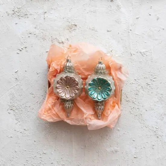 Hello Honey® 8 Pack 7" Mercury Glass Flowers, Tinsel & Glitter Finial Ornaments {4}