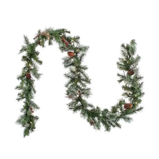 9ft. Christmas Glistening Pine & Red Berry Garland with Lights {4}