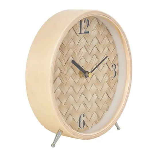7" Light Brown Wood Woven Chevron Patterned Clock with Silver Legs {3}