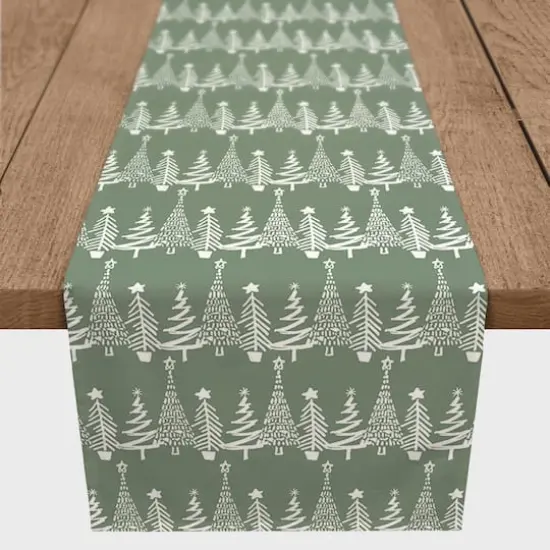 90'' Sage Christmas Tree Pattern Cotton Twill Runner {1}