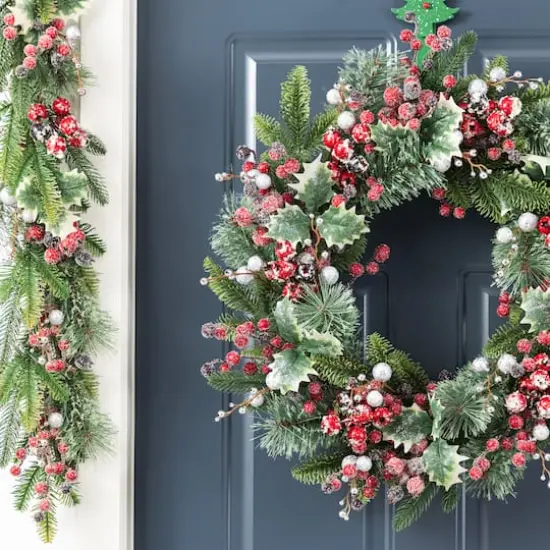 Glitzhome&reg; 24"D Christmas Red Pomegranate Berry & Holy Leaf Wreath {5}