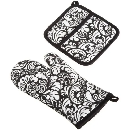 DII&reg; Damask Oven Mitt & Potholder Set Black {1}