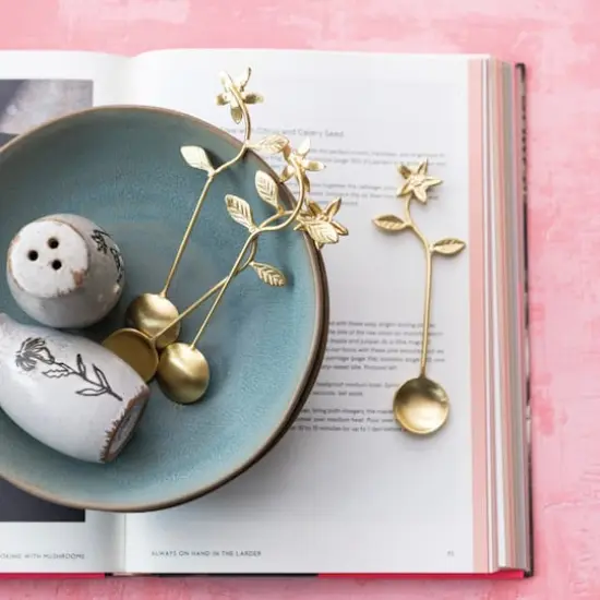 Hello Honey&reg; 5.5" Stainless Steel & Brass Spoons with Flower Handles & Drawstring Bag {4}