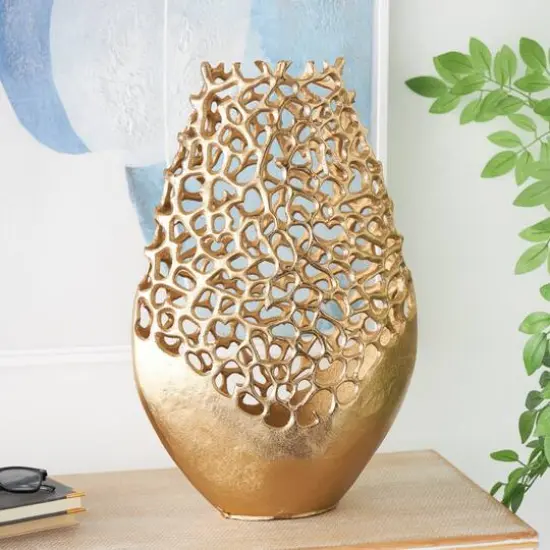 20.75" Gold Aluminum Rounded Vase with Freeform Open Lattice Work {3}