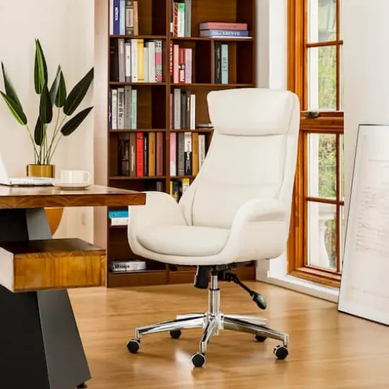 Glitzhome&reg; Mid-Century Modern Faux Leather Adjustable High Back Swivel Office Chair Cream White {3}