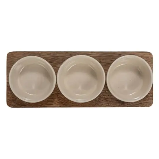 Hello Honey&reg; Cream Stoneware Bowls & Natural Mango Wood Tray Set {7}