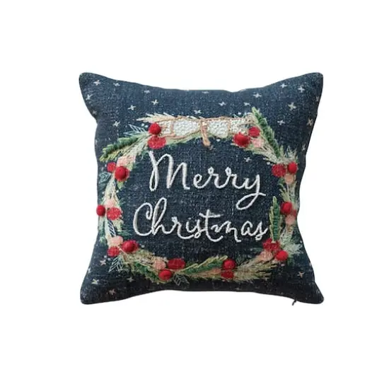 Hello Honey&reg; 12" Merry Christmas Embroidered Wreath with Pom Poms Cotton Pillow {1}