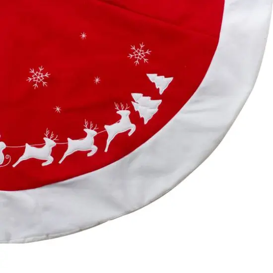 48" Red Sleigh & Reindeer Embroidered Christmas Tree Skirt {4}