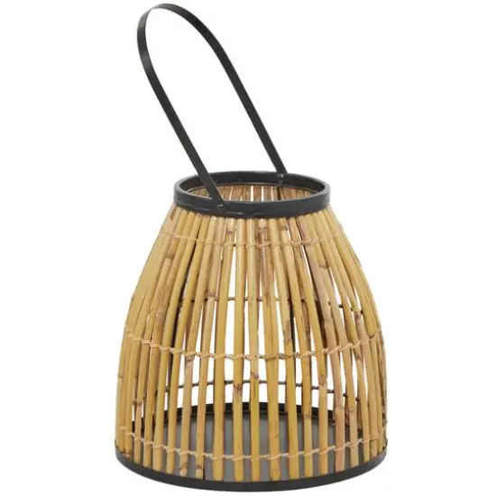 15" Brown Wicker Handmade Slatted Frame Candle Lantern with Handle {3}