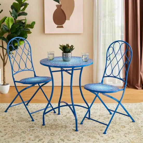 Glitzhome&reg; 28" Blue Outdoor Metal Folding Bistro Table with Ceramic Tile Top {8}
