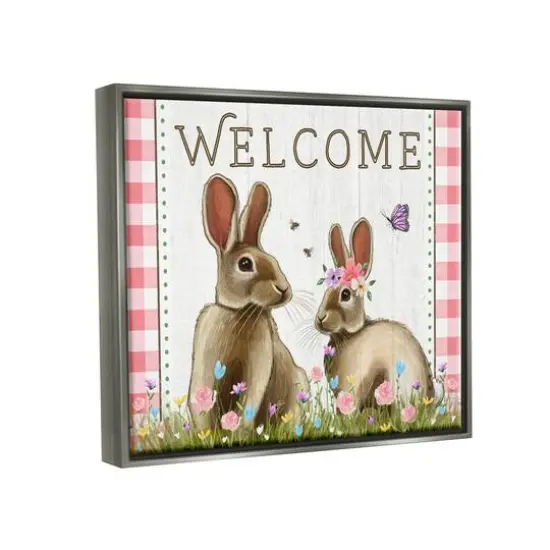 Stupell Industries Welcome Plaid Spring Garden Rabbits Floater Framed Art Gray {4}