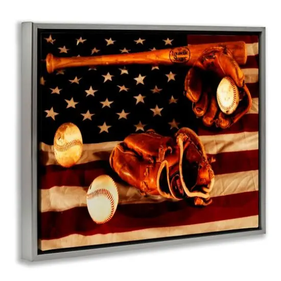 Stupell Industries Vintage American Flag Baseball Photo Floater Framed Art Gray {4}