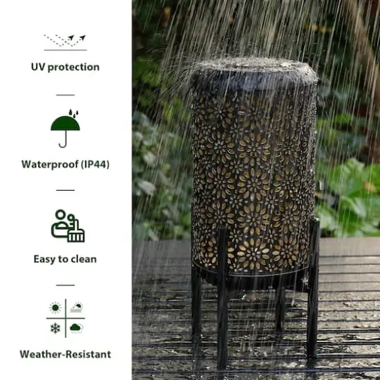 Glitzhome&reg; 14.25" Black Metal Cutout Flower Pattern Solar Powered LED Outdoor Lantern {7}