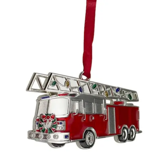 Silver Plated Fire Truck Crystal Embellished Ornament {1}