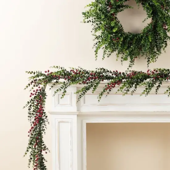 Glitzhome&reg; 9ft Christmas Greenery Eucalyptus Garland with Red Berries {3}