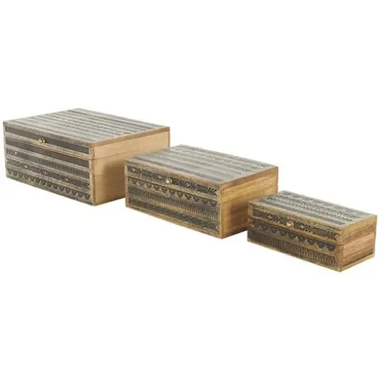 Brown Handmade Storage Box Set with Black Tribal Carvings & Gold Accents {4}