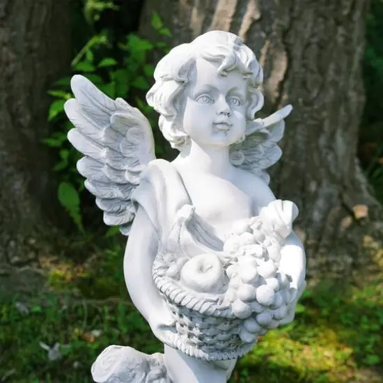 28.75" Gray Cherub Angel Standing on Pedestal Holding a Fruit Basket Outdoor Garden Statue {4}