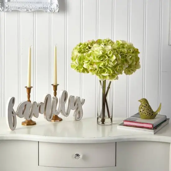 18" Green Hydrangea Arrangement in Glass Vase {4}