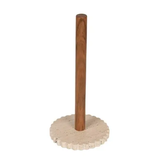 Hello Honey Acacia Wood Paper Towel Holder with Scalloped Travertine Base, Natural and Cream Color {1}