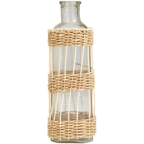 15" Clear Glass Handmade Vase with Light Brown Rattan Woven Body {3}