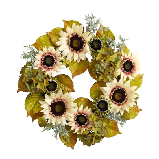24" White Sunflower & Hydrangea Artificial Autumn Wreath {1}