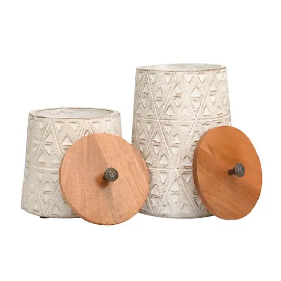 Cream Paper Mache Handmade Carved Triangle Tribal Canisters with Removable Lids Set {2}