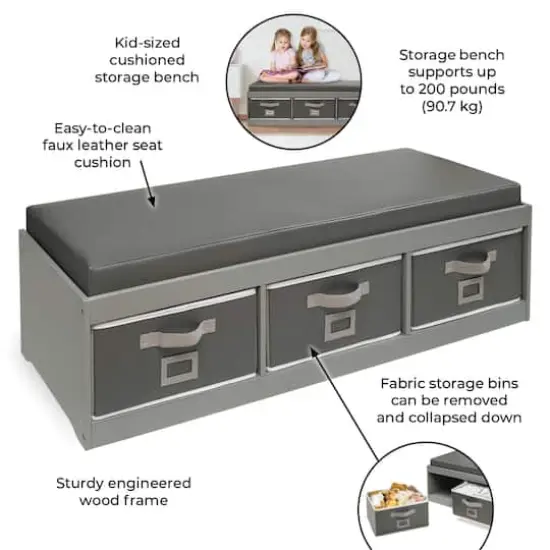 Badger Basket Kid's Cushioned Storage Bench With Three Bins Gray {8}