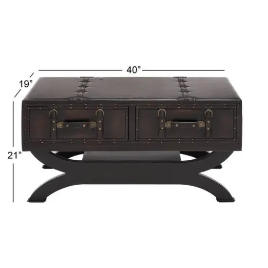 Brown FauxLeather and Wood Traditional Coffee Table, 21" x 40" x 19" {6}