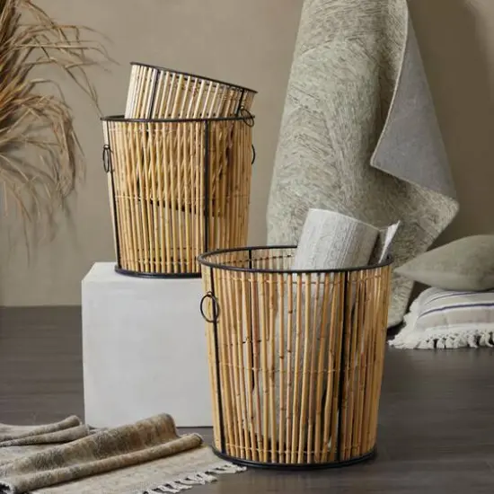 Light Brown Rattan Handmade Slatted Frame Storage Basket with Ring Handles Set of 3 20", 18", 15" {7}