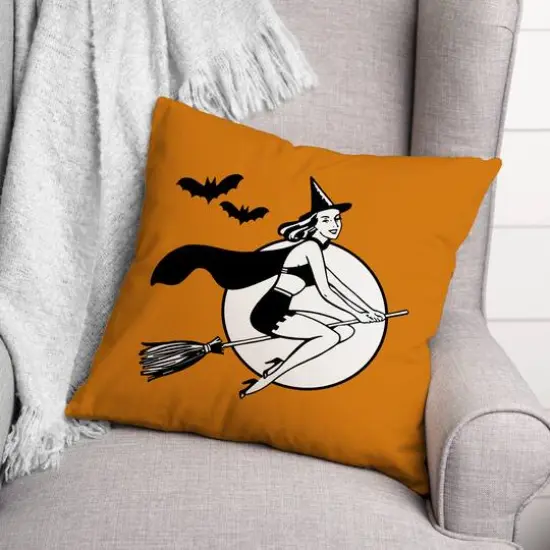 Retro Witch on Orange Spun Poly Throw Pillow {3}