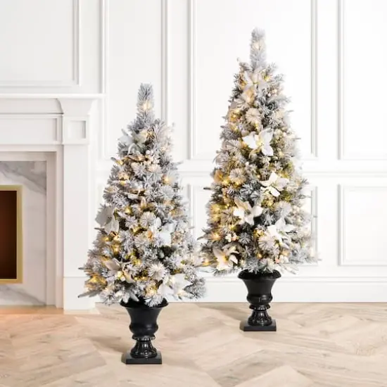 5ft. Pre-Lit Flocked Pine Artificial Christmas Tree in Planter, Warm White LED Lights {4}