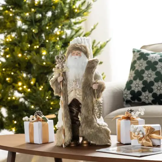 Glitzhome&reg; 18"H Faux Fur Christmas Brown Woodland Santa Figurine with Porcelain Face {3}