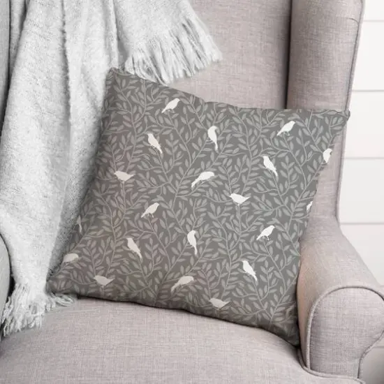 18" Birds On Leaves Indoor/Outdoor Pillow Gray {3}