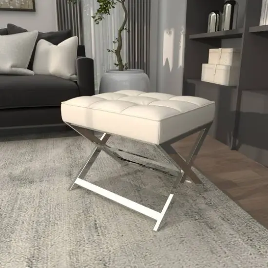 19" Leather Stool with Stainless Steel Supports White {8}