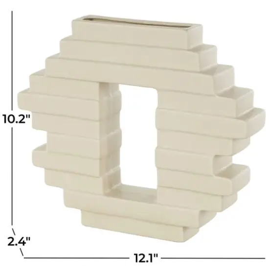12" Cream Ceramic Abstract Decorative Vase with Rectangular Center Cutout {8}