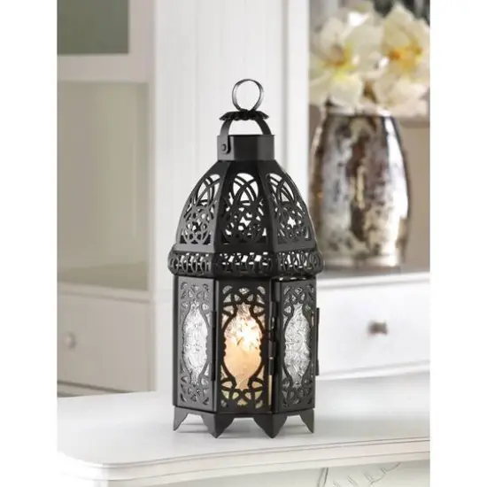 12" Black Lattice Moroccan Style Candle Lantern {3}
