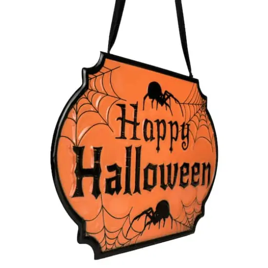 Orange & Black Happy Halloween Cauldron Pot Metal Wall Sign {4}