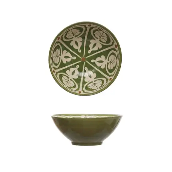 Hello Honey® 10.5" Green & Brown Hand-Painted Pattern Stoneware Serving Bowl {5}