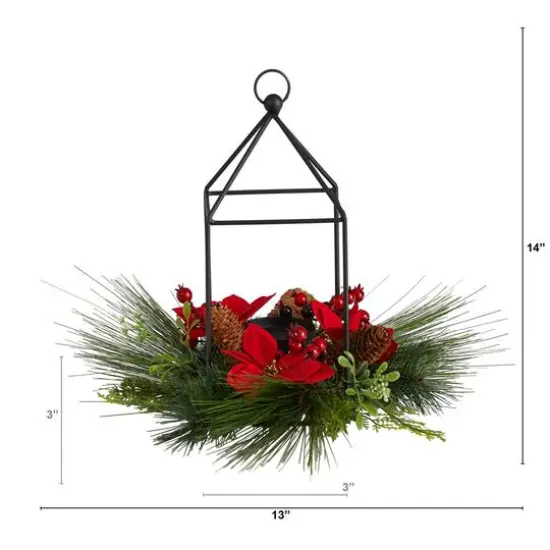 14" Christmas Poinsettia, Berry & Pinecone Metal Candle Holder Artificial Table Arrangement {4}