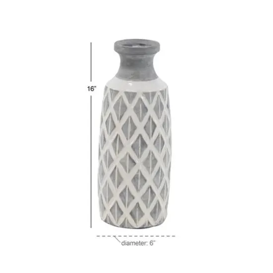Coastal Gray And White Ceramic Jar Vase With Criss Cross Pattern, 16" x 6" x 6" {6}