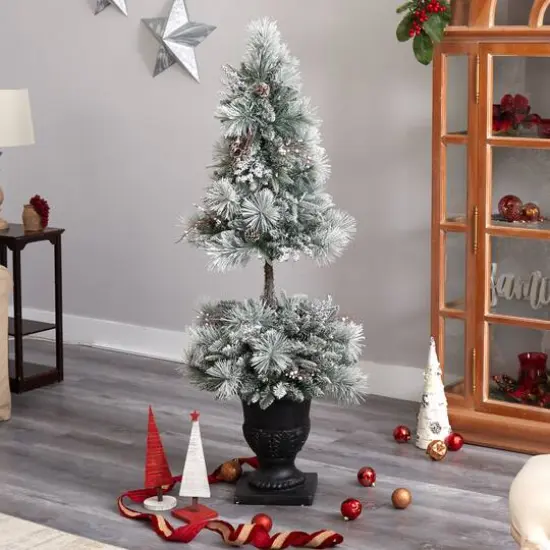 5ft. Pre-Lit Flocked Artificial Christmas Tree in Decorative Urn, White LED Lights {9}