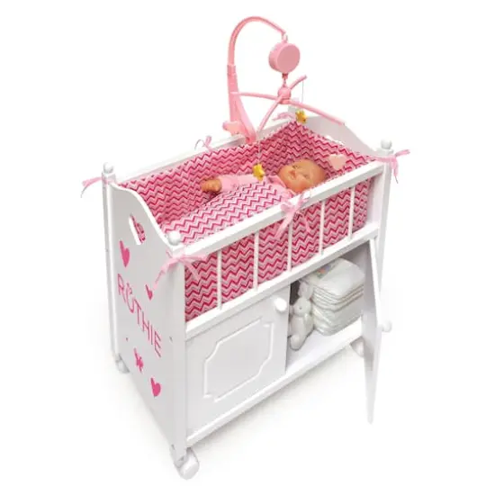 Badger Basket White Cabinet Doll Crib with Pink & White Chevron Bedding {6}