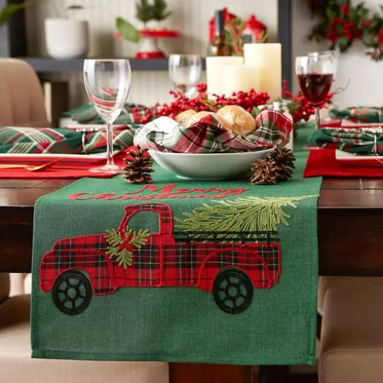 DII&reg; 70" Green Merry Christmas Truck Embroidered Table Runner {10}
