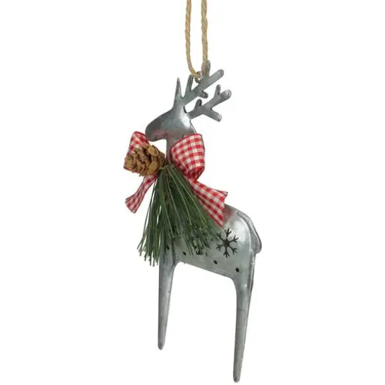 6.25" Silver Metal Reindeer Christmas Ornament With Red Gingham Bowtie & Pine {4}