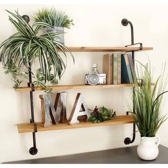 Brown 3-Tier Industrial Wood Wall Shelf {8}