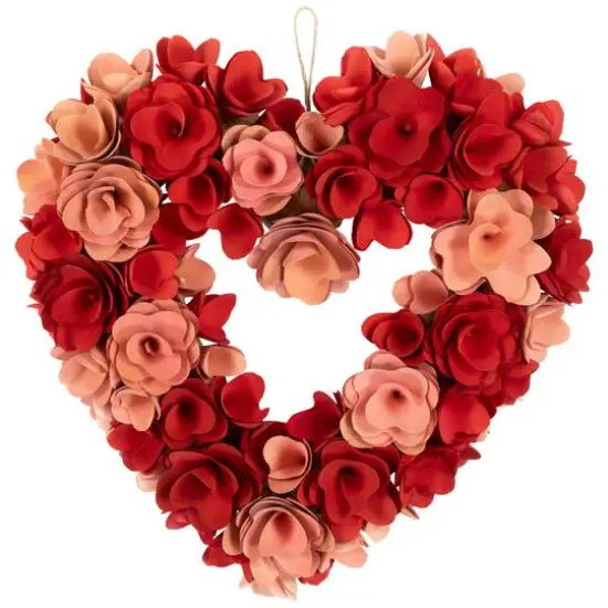 15" Red & Pink Wooden Floral Artificial Valentine's Day Wreath {1}