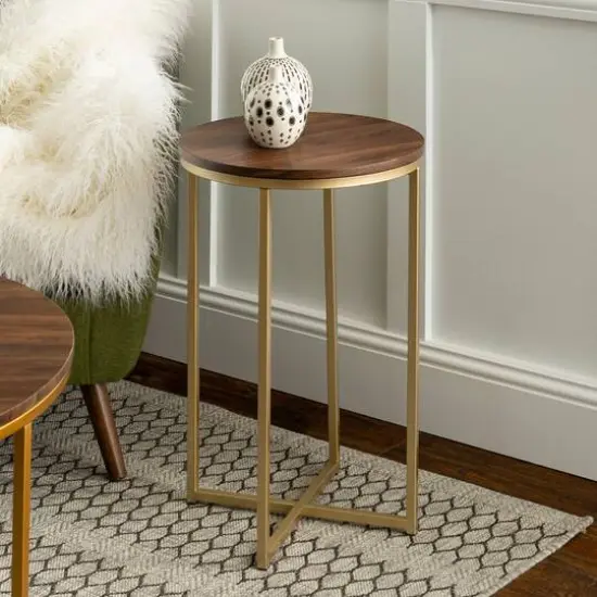 Walker Edison 16" Glam Round Side Table Dark Walnut/Gold {4}