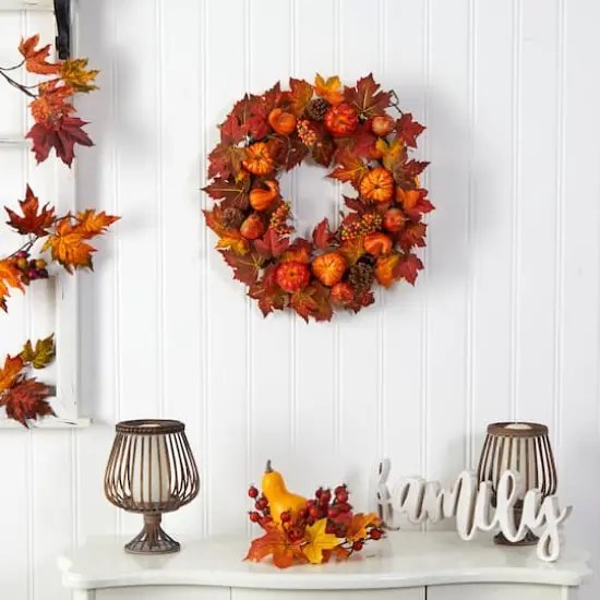 24" Autumn Maple Leaves, Pumpkin, Pinecone & Berries Wreath {3}