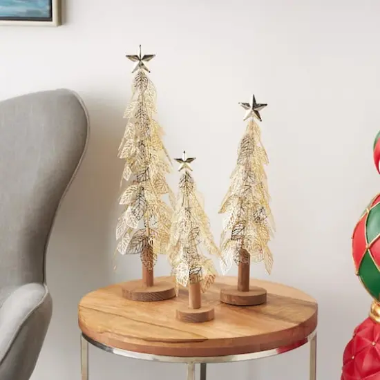 Gold Metal Layered Cutout Leaf Christmas Tree Sculpture Set {3}