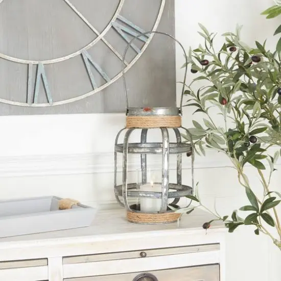 Grey Iron Industrial Candle Holder Lantern, 13" x 10" x 10" {9}